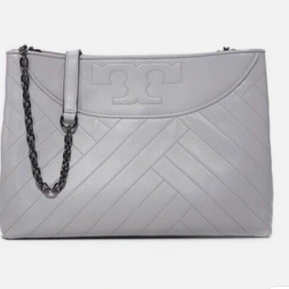 Tory Burch Alexa Quilted Slouchy Leather Tote Logo Middle Zip Concrete Grey